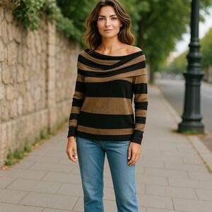 Free People Womens Lulu Sweater S Tan Black Striped Cowl Neck‎ Alpaca Wool Blend